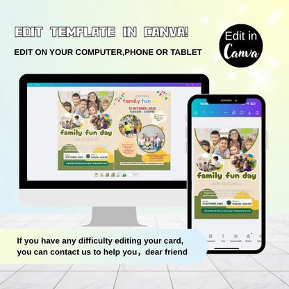 Editable digital flyer templates showcased on computer and phone for family fun day in Canva.