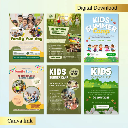Editable outdoor flyer templates showcasing kids summer camp and family fun day events, part of digital flyer templates collection.