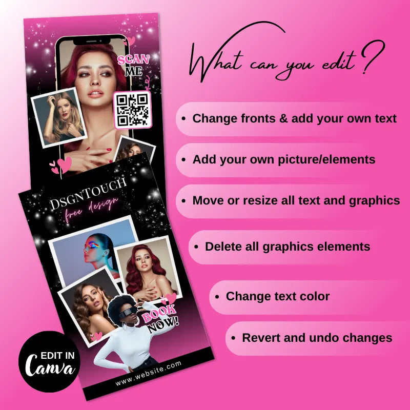 Editable black pink gradient business card template for beauty brands, showcasing customization options in Canva.