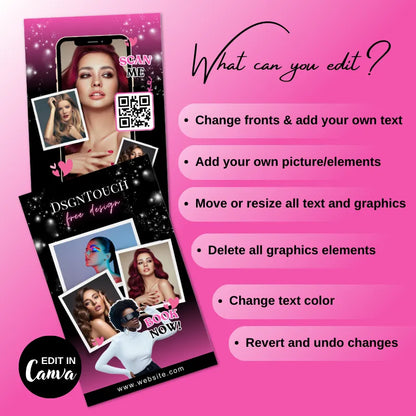 Editable black pink gradient business card template for beauty brands, showcasing customization options in Canva.