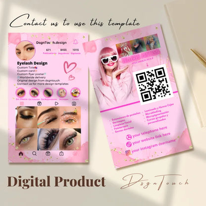 Pink Instagram business card template with customizable details and QR code for easy contact info.