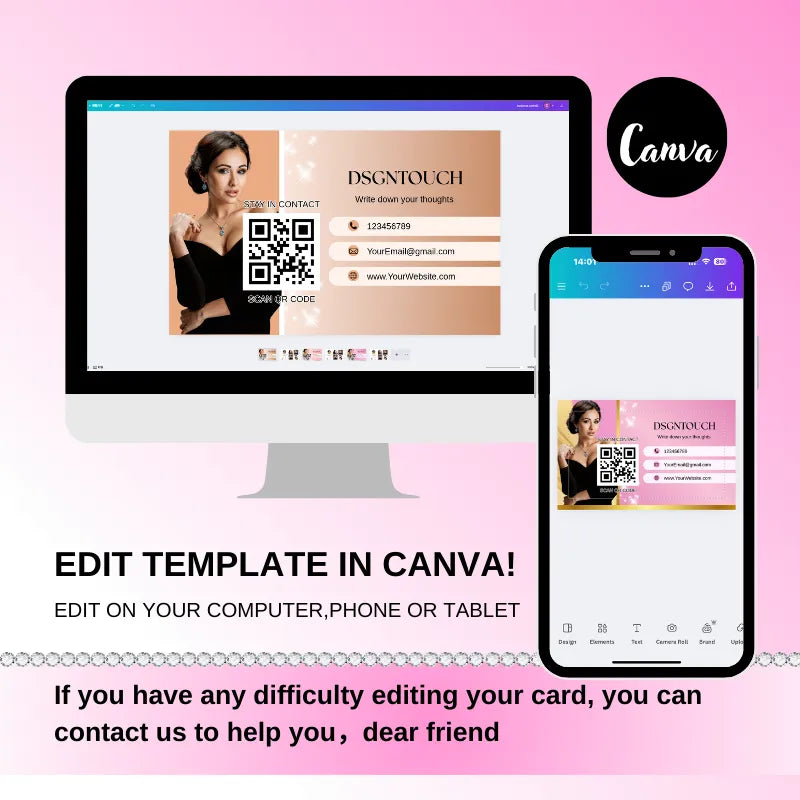 French Elegance Canva Business Card Template by DSGNTOUCH shown on computer and tablet with QR code.