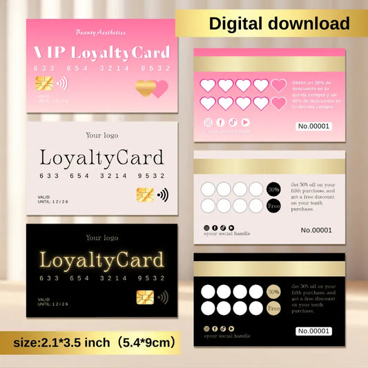 Salon Loyalty Card Canva Template Digital Templates by DSGNTOUCH featuring VIP loyalty cards in various designs.