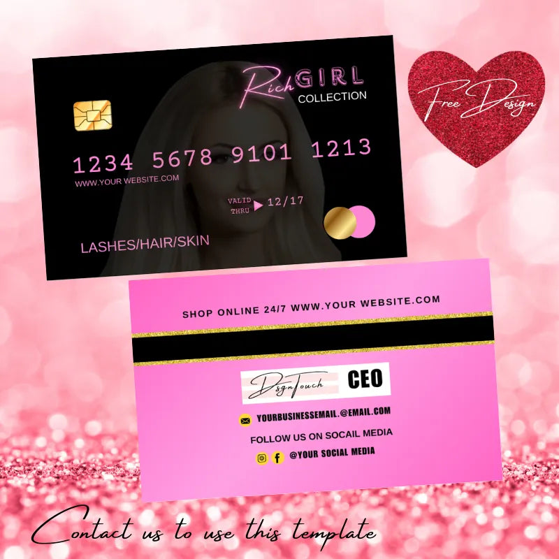PVC Business Cards design featuring a black and pink layout with contact information and a professional aesthetic.