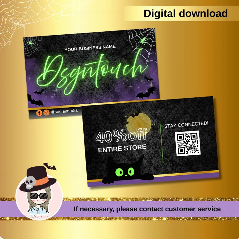 Spooky Halloween business card template for salons design featuring digital download, promotional offer, and vibrant Halloween theme.