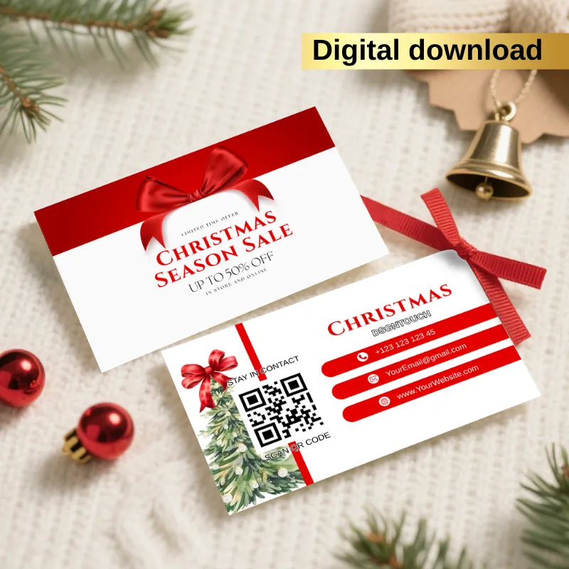Burgundy Christmas business card showing a seasonal sale design with festive colors, perfect for holiday promotions.