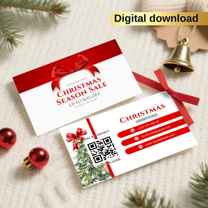 Burgundy Christmas business card showing a seasonal sale design with festive colors, perfect for holiday promotions.