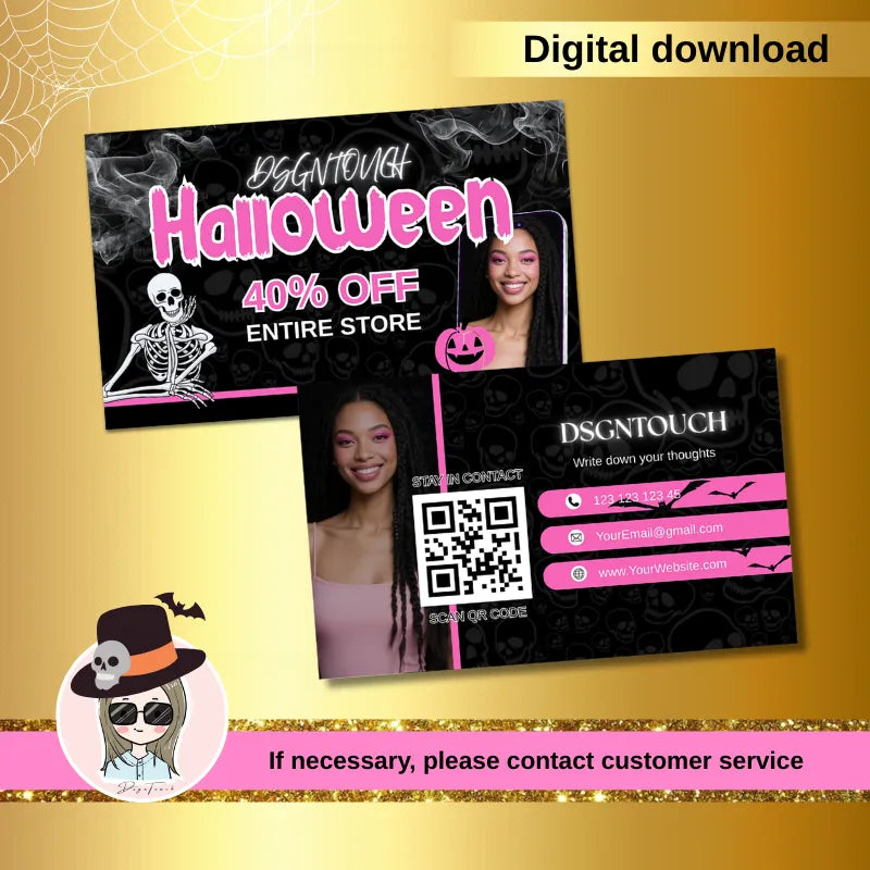 Spooky Halloween business card template for salons showcasing a Halloween design with discounts and contact details.