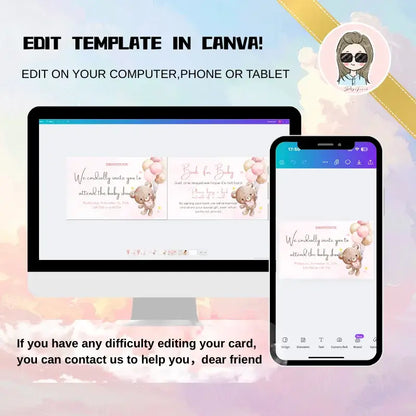 Its a Girl Invitation: Editable Pink Canva Template