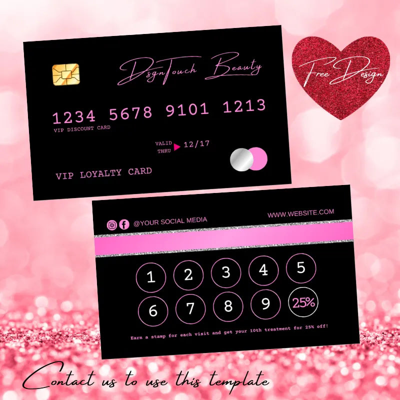 PVC Business Cards design featuring a VIP loyalty card layout with discount and stamping options.