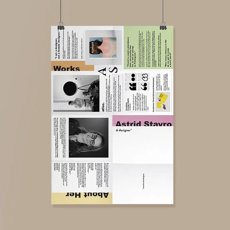 Sample trifold brochure displaying works by designer Astrid Stavro, showcasing design and layout elements.