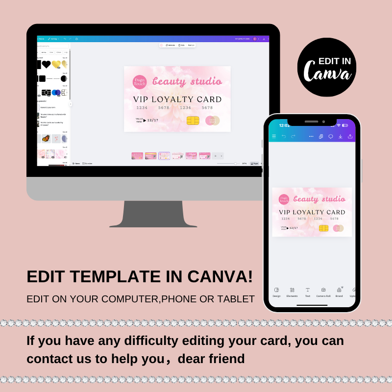 Preview of a digital Pink Punch Loyalty Card template being edited in Canva on a computer and smartphone.