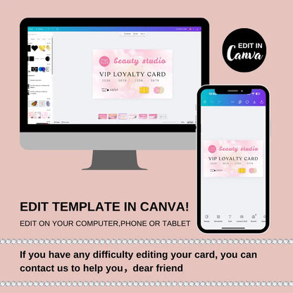 Preview of a digital Pink Punch Loyalty Card template being edited in Canva on a computer and smartphone.