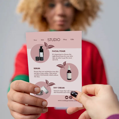 
Nail Salon Flyer showcasing skincare products like facial foam and serums in a stylish design.