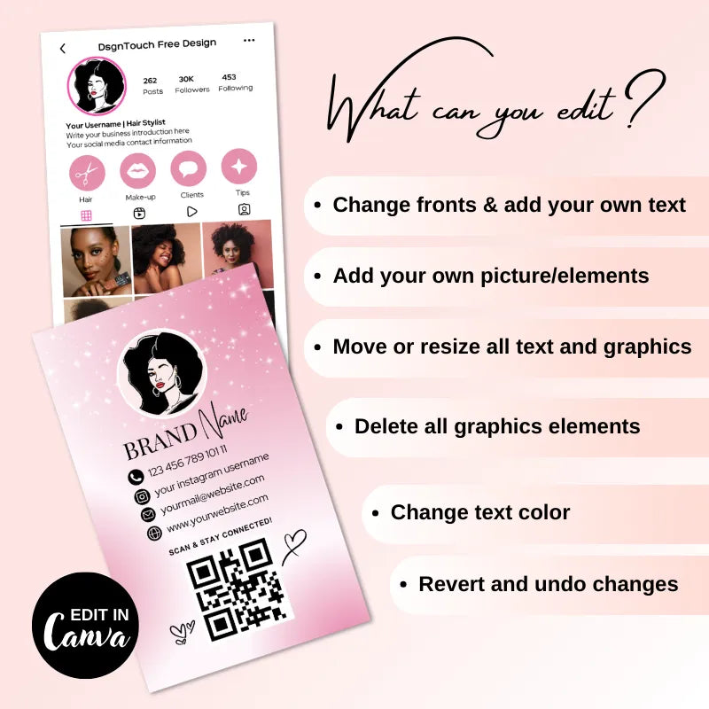 Editable pink and white salon business card template for beauty professionals in Canva, featuring customizable elements.