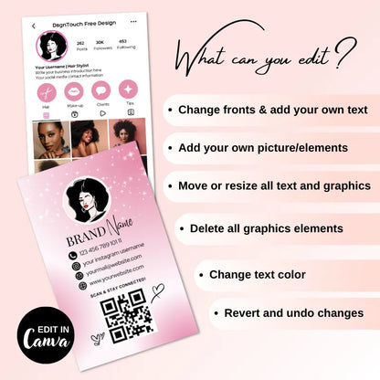 Editable pink and white salon business card template for beauty professionals in Canva, featuring customizable elements.