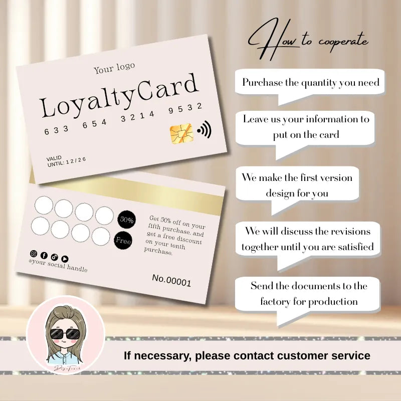 Salon Loyalty Cards in Black, Beige, and Blush Pink showcasing design and cooperation instructions.