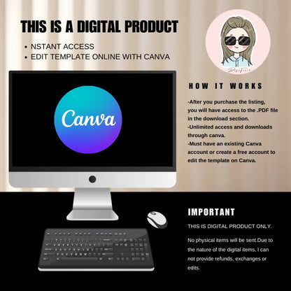 Digital product instructions with Canva template access and editing details on a computer screen.