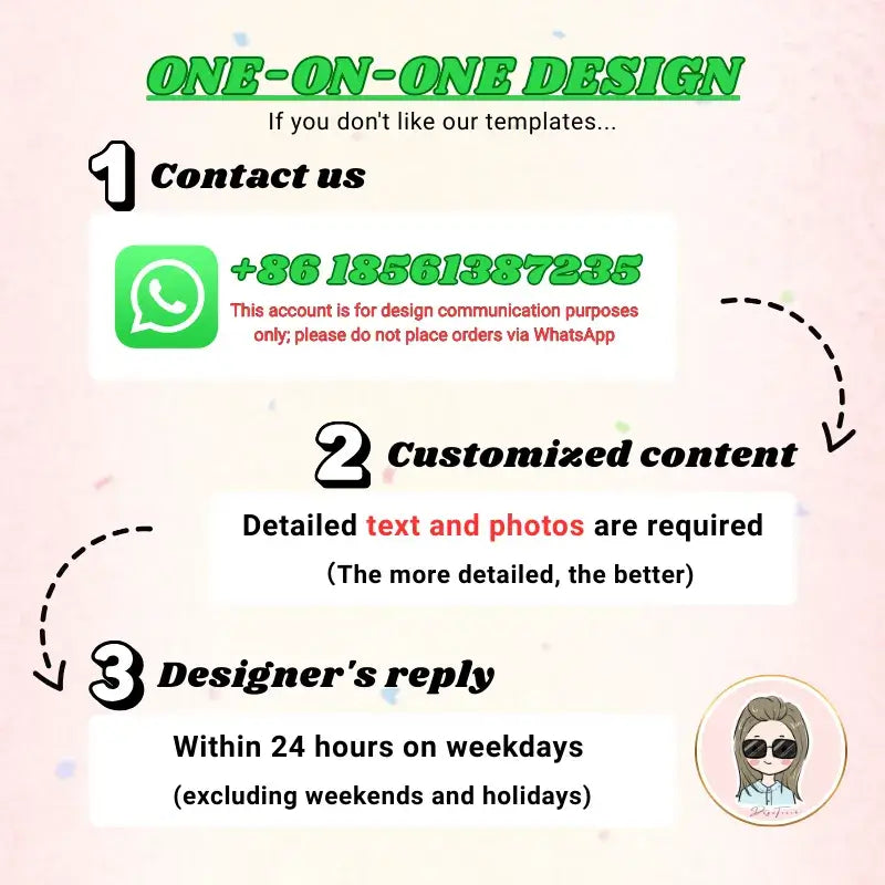 One-on-one design process infographic detailing contact via WhatsApp for customized content and the designer's reply timeframe.