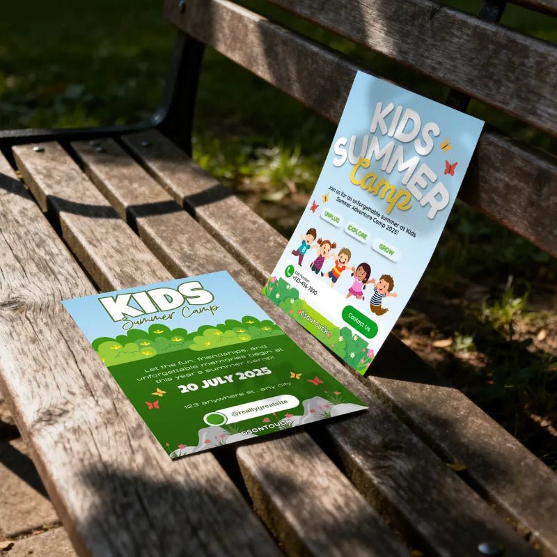 Outdoor_Flyer_Maker_showcasing_colorful_kids_summer_camp_flyers_on_a_park_bench_perfect_for_summer_activities