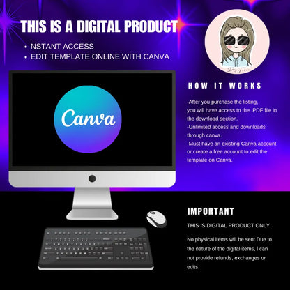 Event Planner Template preview displaying Canva editing instructions for a digital product.