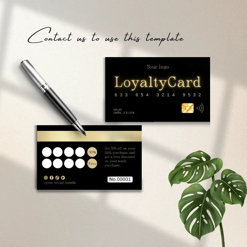 Salon Loyalty Cards design in black, featuring gold accents and contact information for template use.