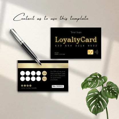Salon Loyalty Cards design in black, featuring gold accents and contact information for template use.
