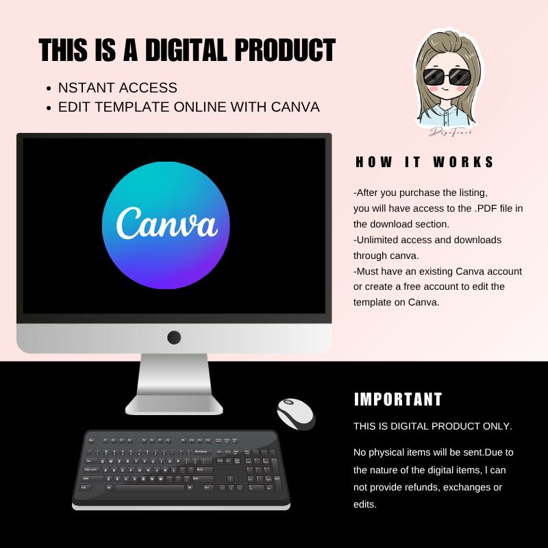 Digital product details for Canva template access and editing instructions on a computer monitor.