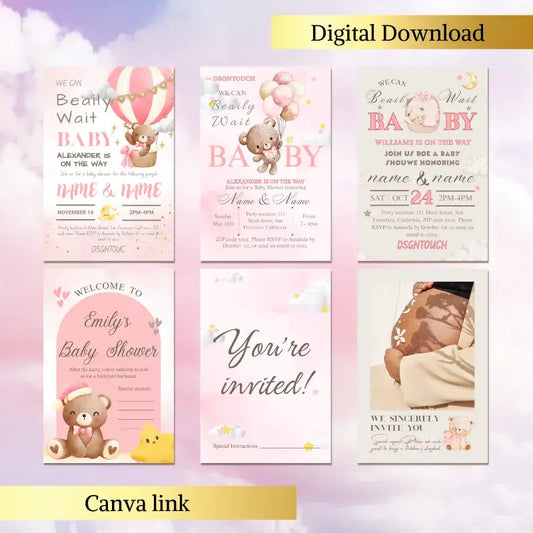 Pink Baby Shower Invitations showcasing cute teddy bear designs and colorful balloons, ideal for celebrating a baby girl.