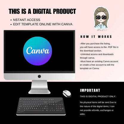 Digital product details for Canva template access and editing instructions on a computer monitor.