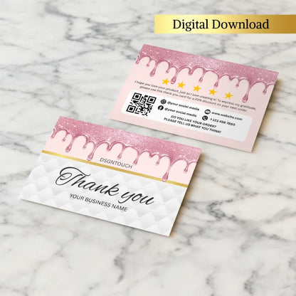 Pink Thank You Cards - Editable Canva Template featuring a stylish design with pink glitter and a personalized message