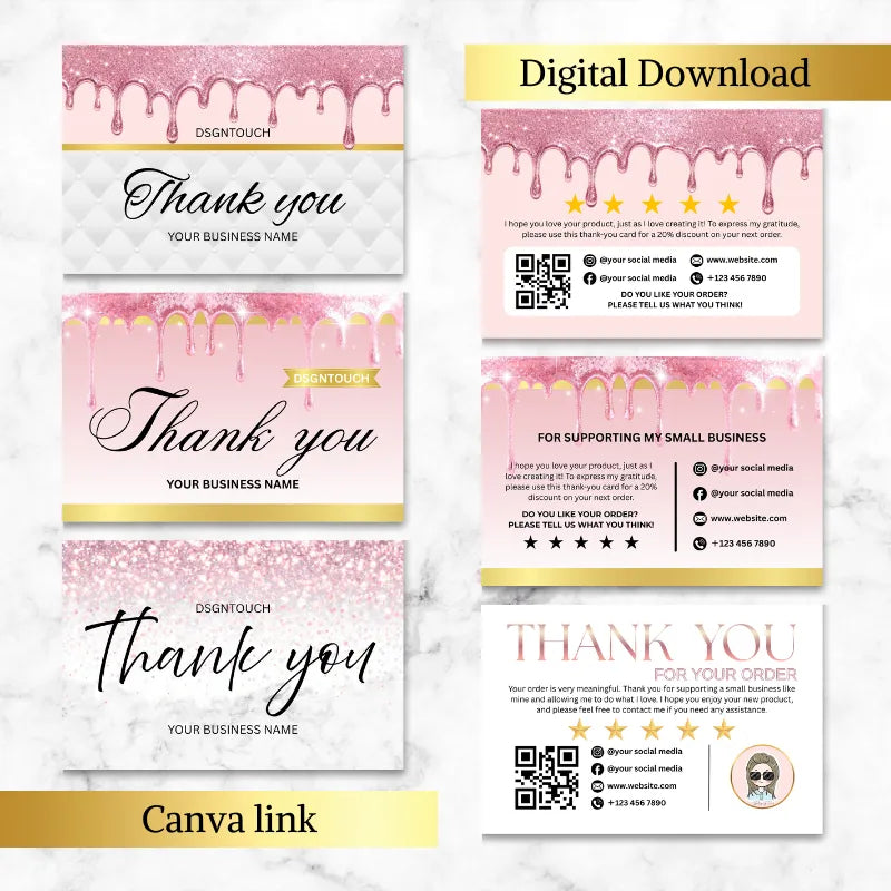 Pink Thank You Cards - Editable Canva Template featuring elegant glitter design and personalized messaging.