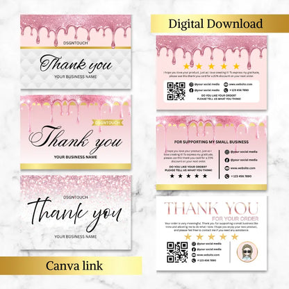 Pink Thank You Cards - Editable Canva Template featuring elegant glitter design and personalized messaging.