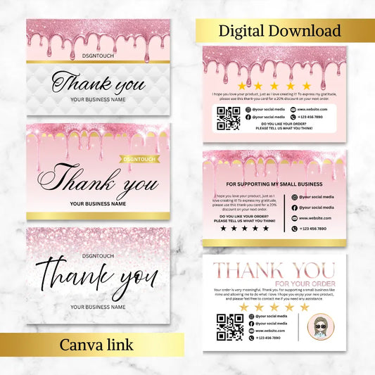 Pink Thank You Cards - Editable Canva Template featuring elegant glitter design and personalized messaging.