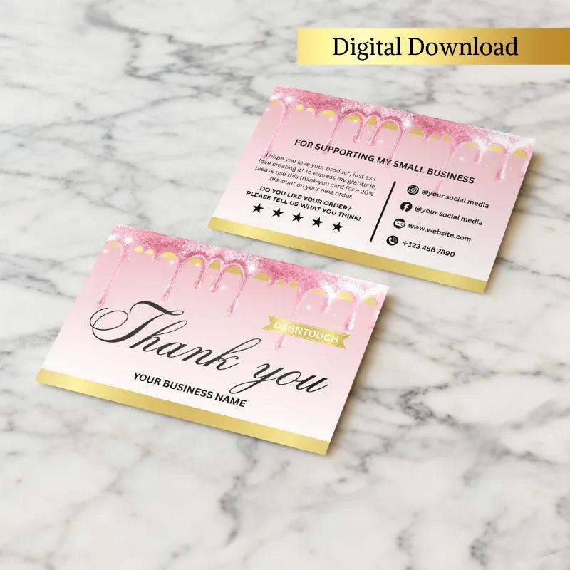 Pink Thank You Cards - Editable Canva Template showcasing a digital download design with glitter elements.