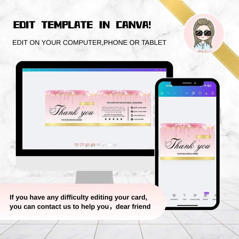 Pink Thank You Cards editable Canva template shown on computer and phone for easy customization.