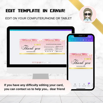 Pink Thank You Cards editable Canva template shown on computer and phone for easy customization.