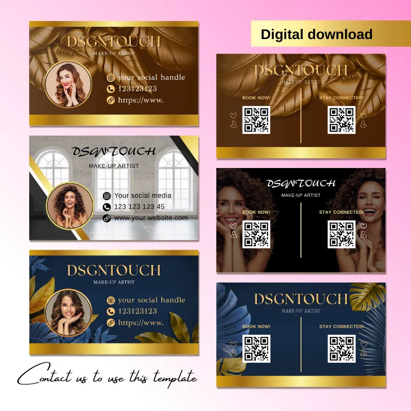 Premium Editable Hair Salon Business Cards by DSGNTOUCH featuring modern designs and QR codes in black gold, navy gold, and B&W.
