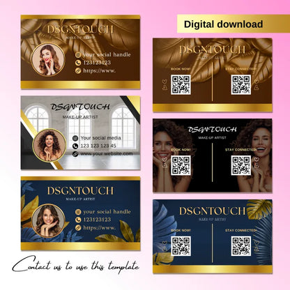Premium Editable Hair Salon Business Cards by DSGNTOUCH featuring modern designs and QR codes in black gold, navy gold, and B&W.