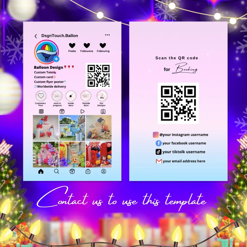 Instagram template showcasing Balloon Arch Business Cards design with QR code for bookings and contact information.