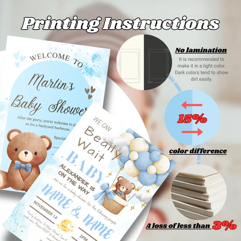 Printing instructions for Baby Shower Invitations with guidelines on no lamination and color differences.