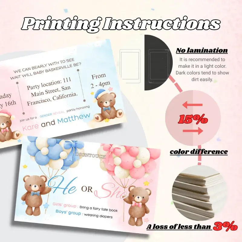 Printing instructions for coed baby shower invitations with teddy bear design and color guidelines.