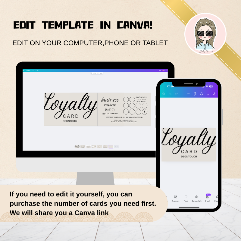 Punch loyalty cards template showcased on a computer and phone for easy customization in Canva.