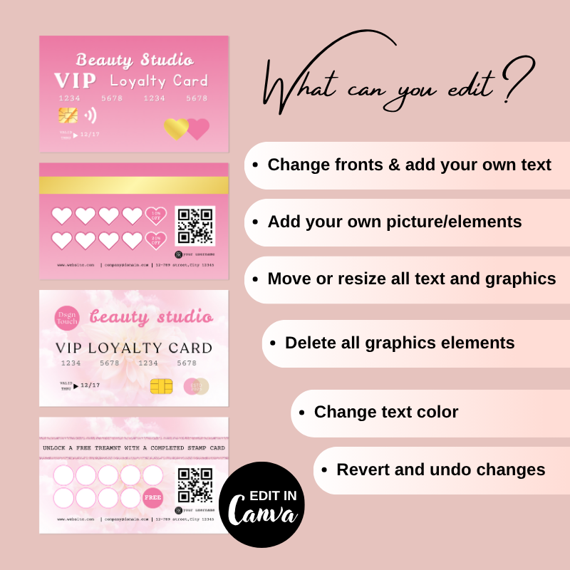 Editable pink loyalty card template for beauty studios, showcasing customization options in Canva.
