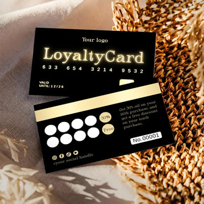 Salon Loyalty Cards design featuring luxury black card with gold accents and rewards offers.
