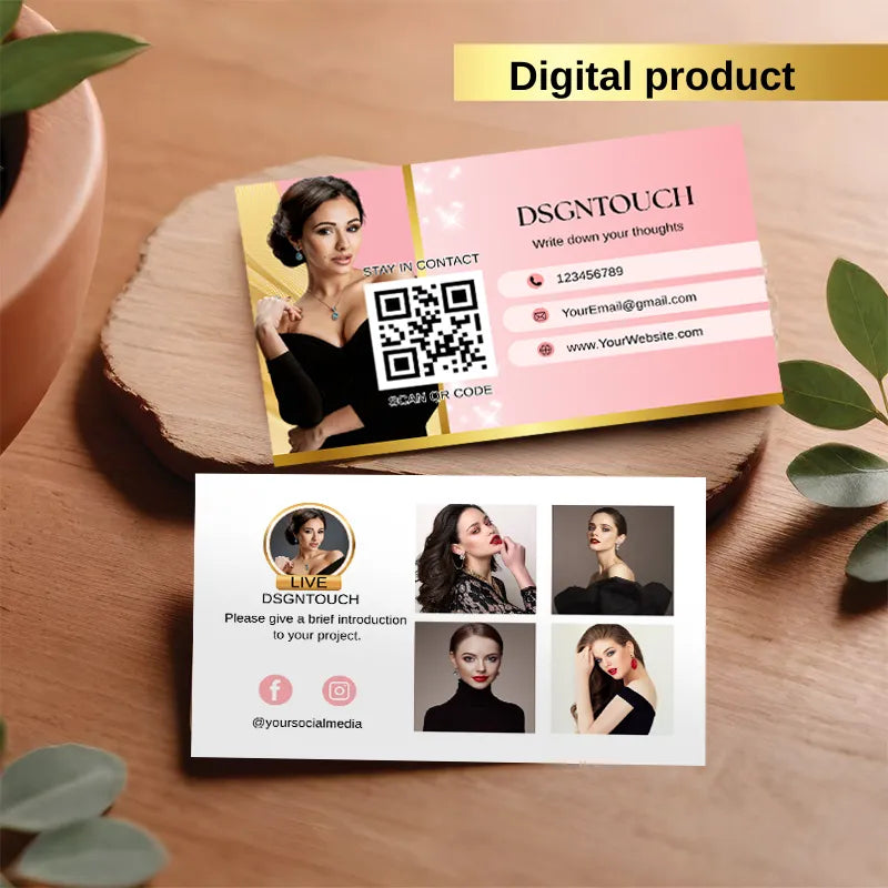 French Elegance Canva Business Card Template by DSGNTOUCH showcasing editable designs in blush pink and QR code.