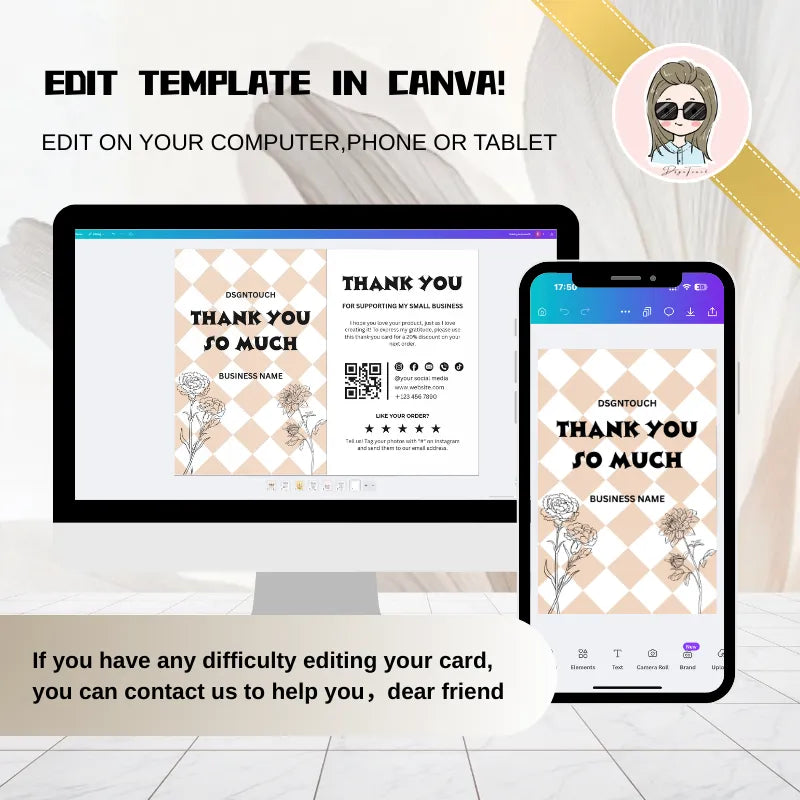 Thank You Card Design displayed on computer and phone with geometric checkerboard background for easy editing.