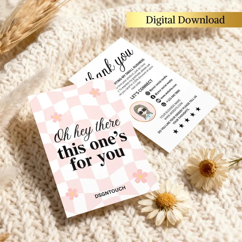 Thank You Card Design featuring geometric checkerboard background and floral accents by DSGNTOUCH.