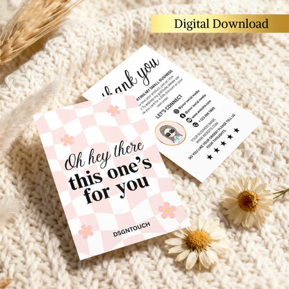 Thank You Card Design featuring geometric checkerboard background and floral accents by DSGNTOUCH.