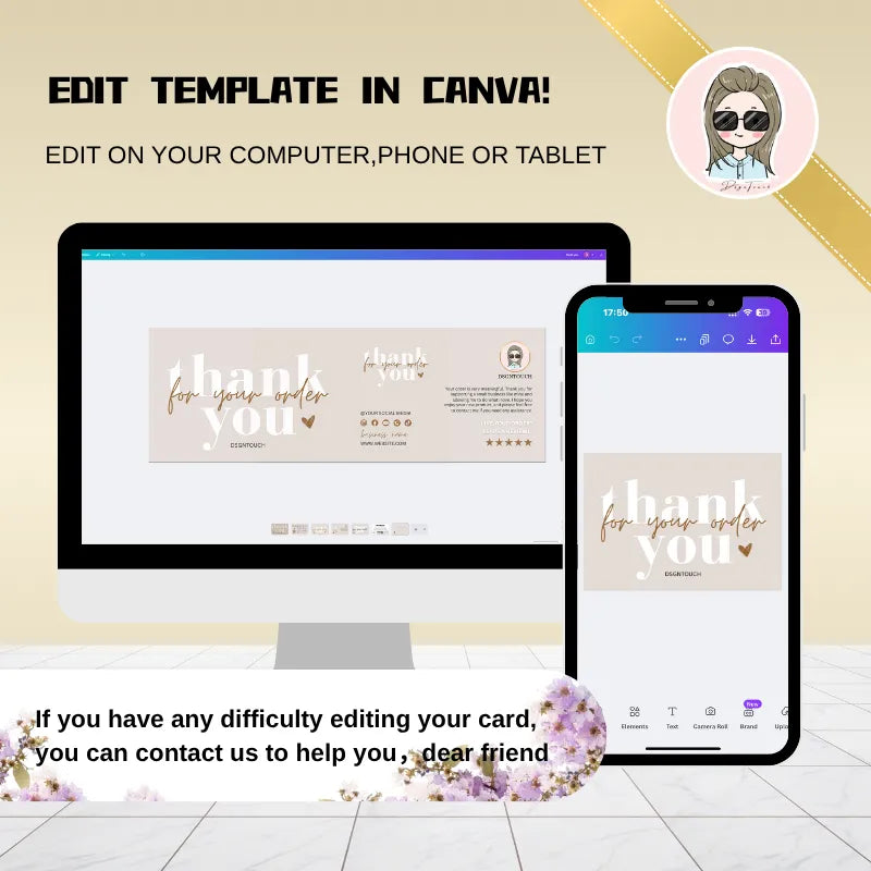 Thank You Card Template displayed on computer and mobile devices, customizable for small business use.